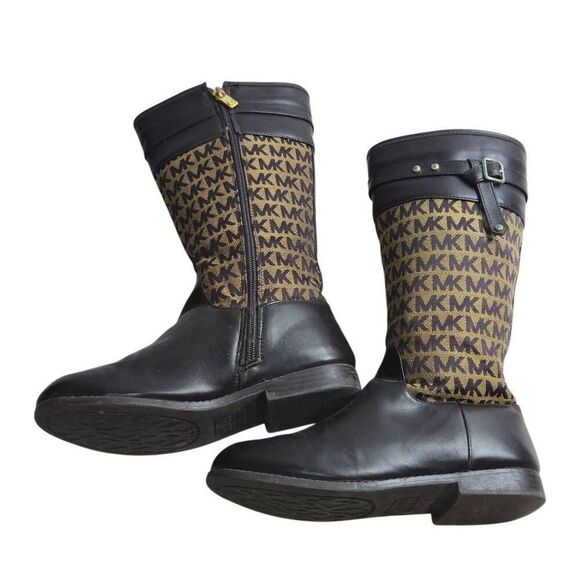 Michael Kors Brown Gold Accents MK Monogrammed Girls Size 4 Zip up Calf Boots - Picture 3 of 7
